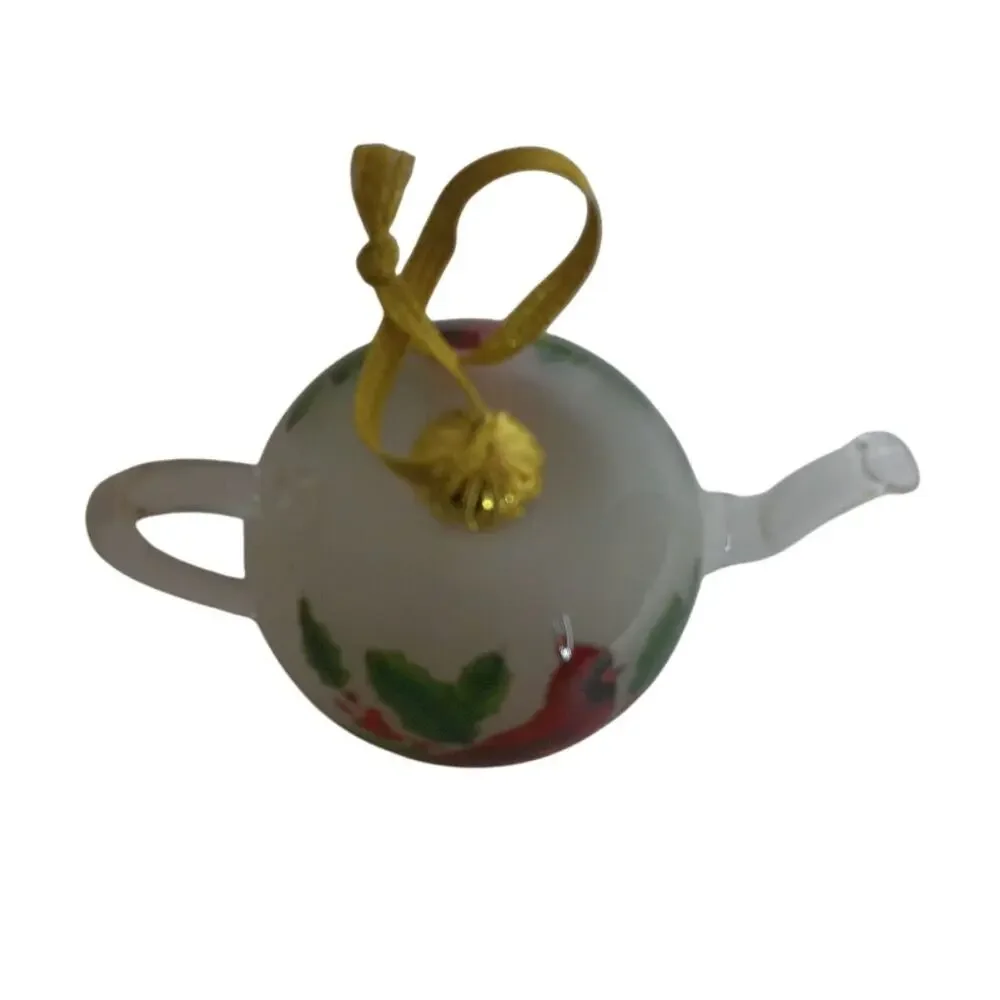 Vintage 1998 Studio Nova Cardinals on Teapot Glass Christmas Ornament